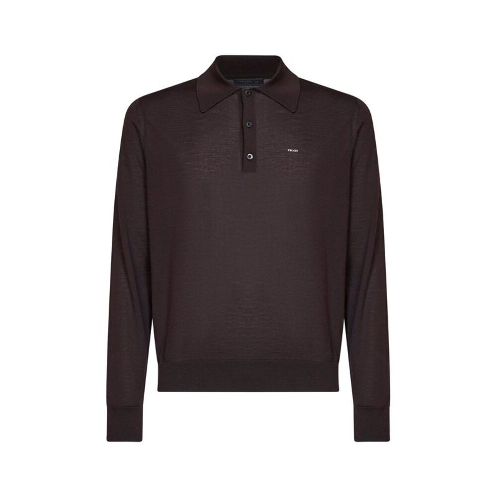 Prada Abbigliamento Men Dark Brown Combed Wool Long-Sleeved Polo Shirt
